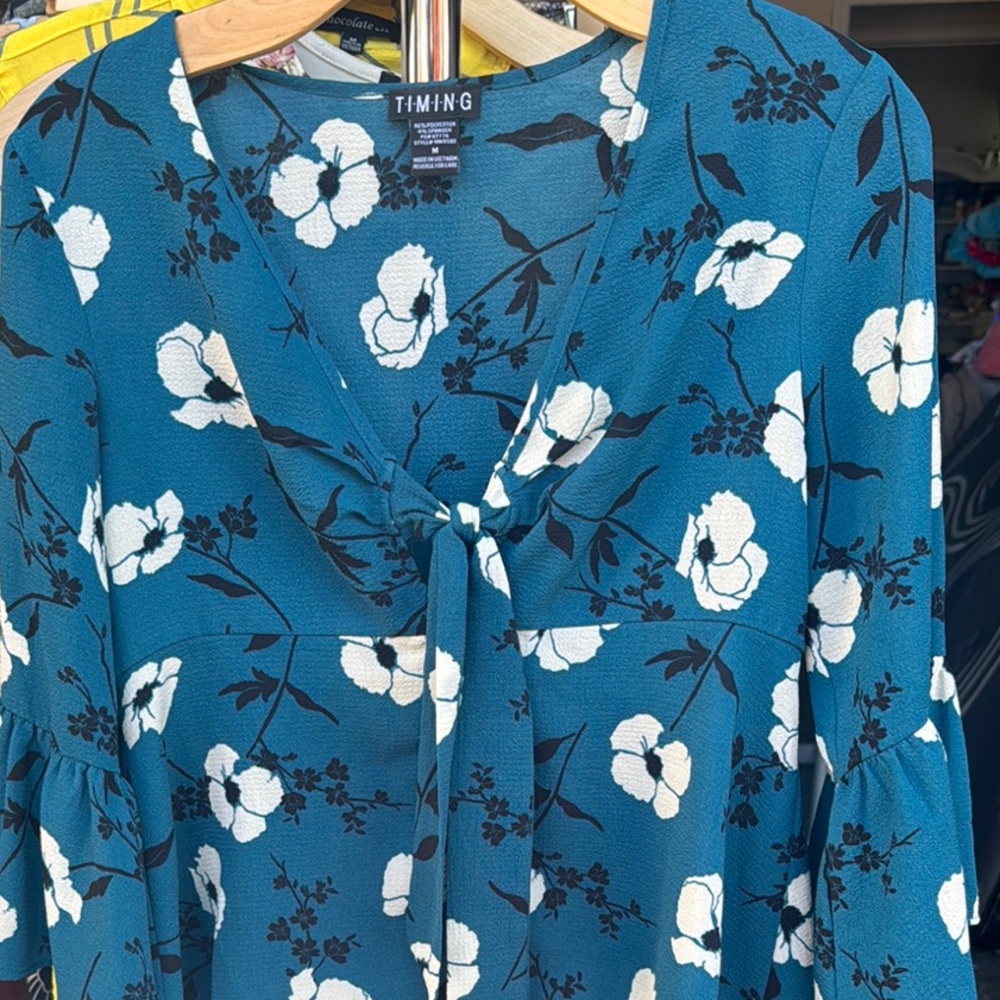 Timing Blue Tie Front 3/4 Sleeve Blouse